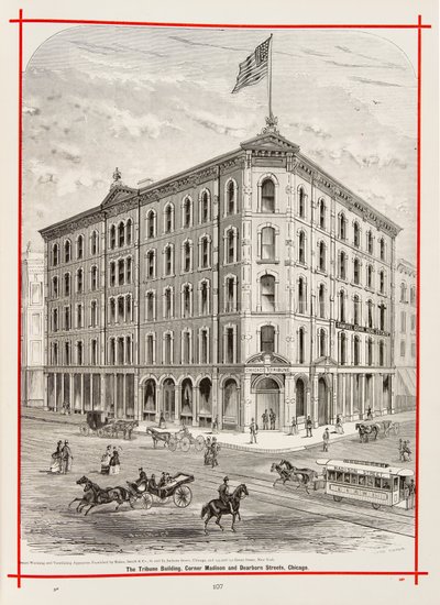 Le Tribune Building au coin des rues Madison et Dearborn, Chicago, illustration dans The Merchants and Manufacturers of Chicago Illustrated, 1873 - American School